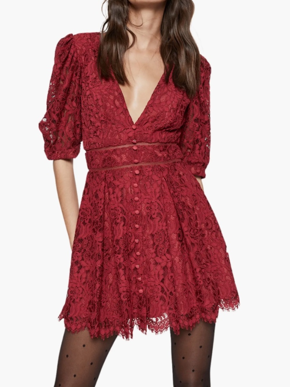 NWT Bardot Kira Crimson Lace Mini Dress US 4 S Puff Sleeve V-Neck